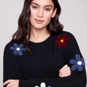 CHARLIE B Black Sweater with Floral Accents